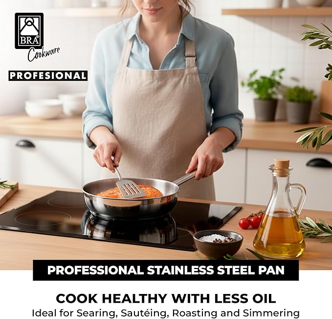 BRA COOKWARE Profesional 8-Piece Stainless Steel Cookware Set | Professional Pots &amp Pans Set | Kitchen Set w/ 2 Pots 1 Sauté Pan 2 Frying Pans 3 Lids | All Heat Sources Compatible | PFOA Free
