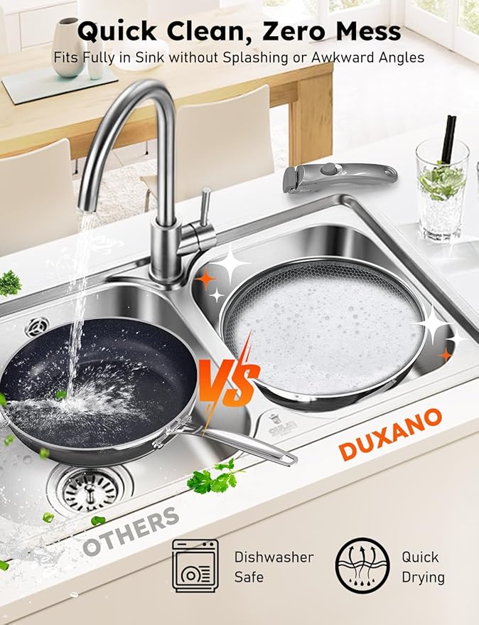 Pro DUXANO 12PC Nonstick Pots and Pans Set&ampHybrid 3-Ply Stainless Steel Skillet High Heat Sear&ampFry 2-Layer Ceramic Induction Cookware 9H Scratch-Resistant&ampAnti-WarpPFAS FreeAll Cookto