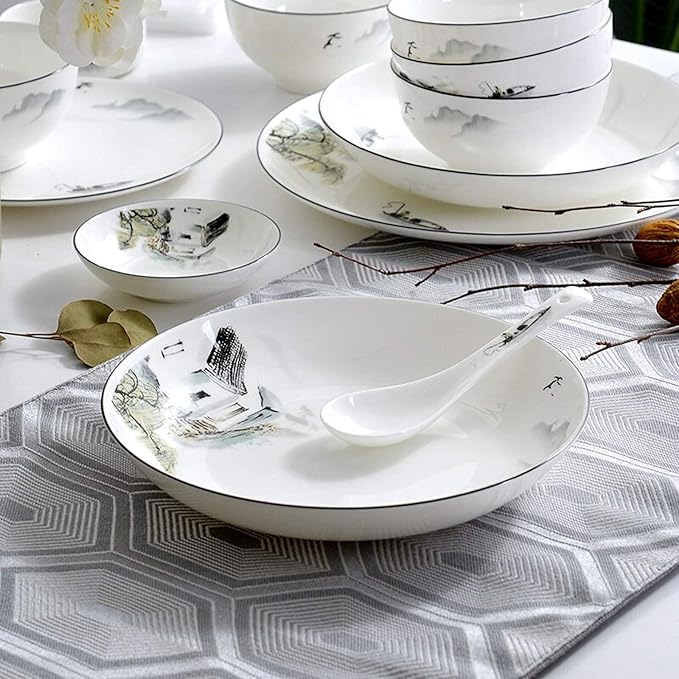 Ceramics Dinnerware Sets Porcelain Cereals Bowls/Steak Plates/Soup Pot | 50 Pieces Chinese Style Bone China Dinner Combination Set for Wedding Gifts