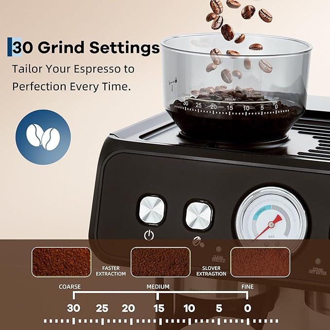 Stainless Steel Espresso Machine with Built-In Grinder 20 Bar Pressure Coffee Maker with Milk Frother Steam Wand 2.8L Removable Water Tank &amp Adjustable Shot Volume for Home or Office Use