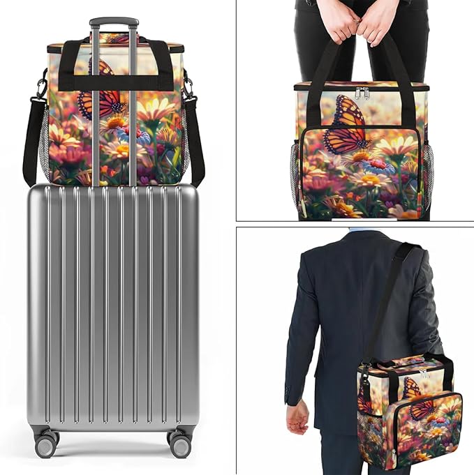 Sunshine Butterfly Colorful Flowers Leaves Coffee Maker Carring Bag Travel Tote Bag Compatible with Keurig K-Mini or K-Mini Plus Portable Single Serve Coffee Brewer Case with Pockets for K-cup Pods