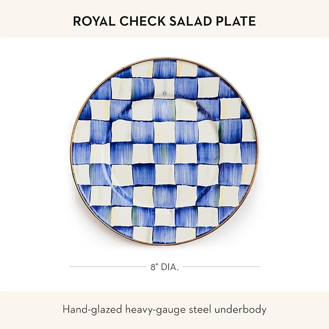 MACKENZIE-CHILDS Enamel Salad and Dessert Plate Small Plate for a Dessert or Appetizer Dish 8 Inches Blue-and-White Royal Check