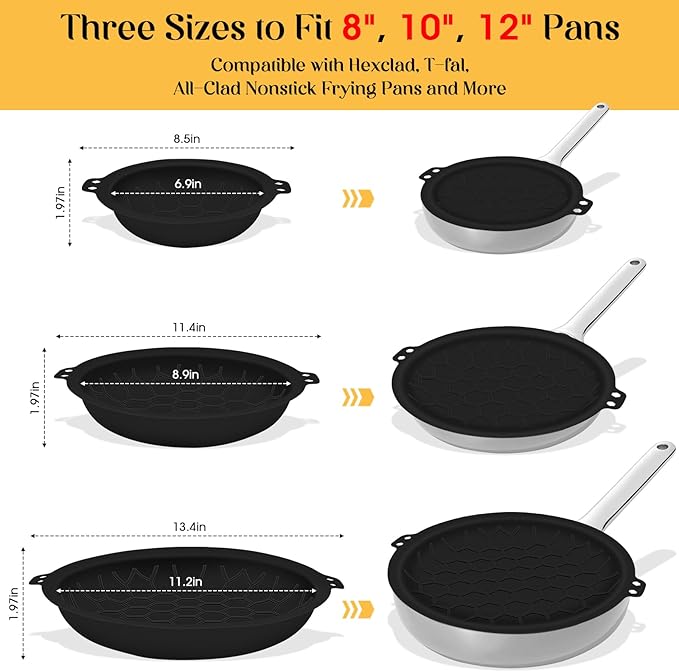 3 Piece Set Silicone Pan Protectors (Includes 81012) Pan Separators for Stacking Compatible with Hexclad Tfal All-Clad Nonstick Frying Pans and More Cookware Protector Dishwasher Safe Black