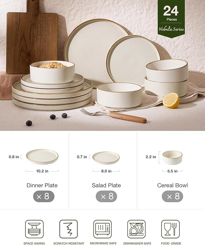 Famiware Nebula Plates and Bowls Sets 24 Pieces Stoneware Dinnerware Sets Reactive Glaze Dish Set Dishes Set for 8 Matte Beige White with Brown Rim