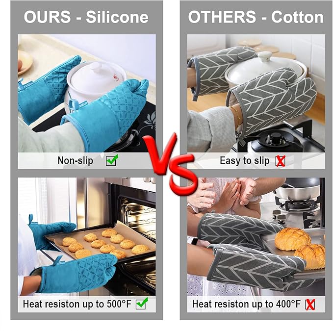 KEGOUU Oven Mitts and Pot Holders 6pcs Set Kitchen Oven Glove High Heat Resistant 500 Degree Extra Long Oven Mitts and Potholder with Non-Slip Silicone Surface for Cooking (Sky Blue)