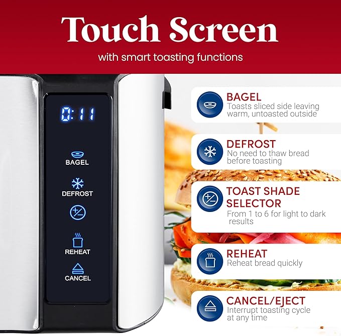 Elite Gourmet ECT5322 Long Slot 4 Slice Toaster Countdown Timer Bagel Function 6 Toast Setting Defrost Cancel Function Built-in Warming Rack Extra Wide Slots for Bagels Waffles Stainless Steel