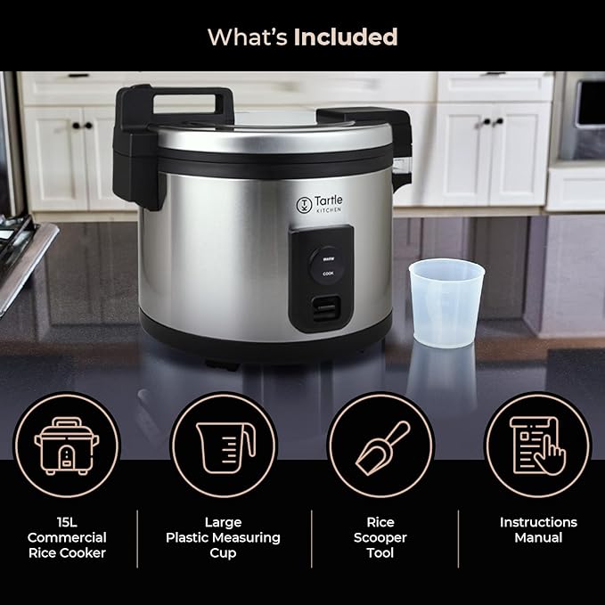 Commercial Stainless Steel Rice Cooker - Professional 64 Cup Cooked (32 Cup Uncooked) Rice Maker Cooker With Non Stick Pot &amp Hinged Lid - Includes a Rice Measuring Cup &amp Rice Scoop