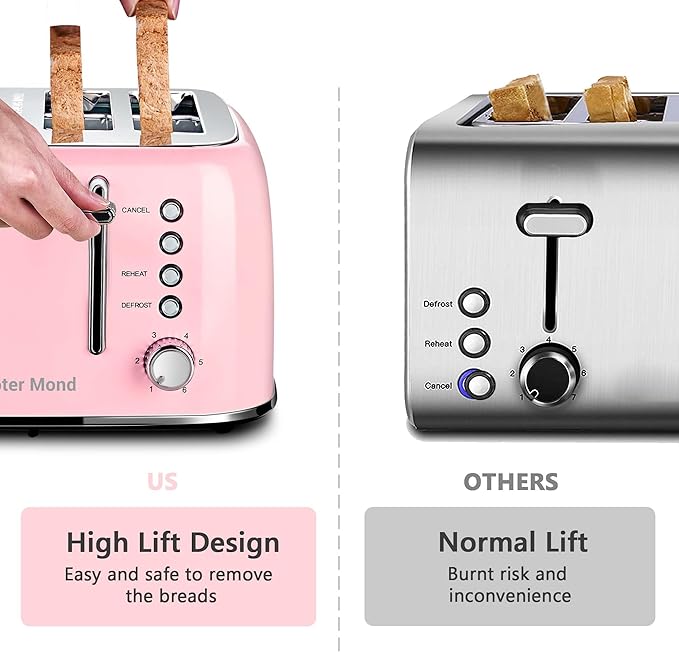 Roter Mond Toaster 4 Slice Retro Stainless Steel with Extra Wide Slots Bagel Defrost Reheat Function Dual Independent Control Panel Removable Crumb Tray 6 Browning Levels Pink