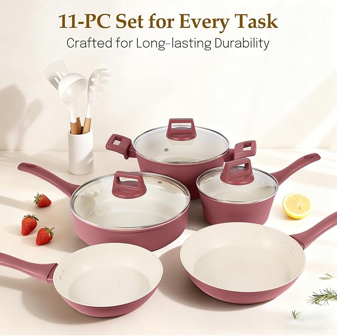 Pots and Pans Set Non Stick 11-Piece Nonstick Induction Cookware Set Non-Toxic Kitchen Cooking Set with Frying Pans Saucepan Stock Pot PFOA Free Red Brown