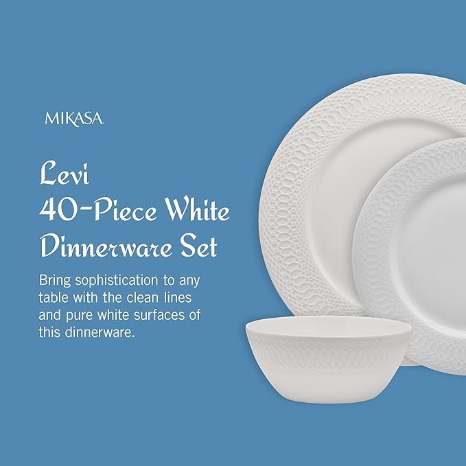 Mikasa Levi 40 Piece Bone China Dinnerware Set Embossed Plates Bowls Chip-Resistant Lightweight Elegant and Durable Service for 8 White