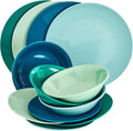 Tabletops Gallery 12 Piece Green Teal Blue Melamine Dinnerware Set Plates Bowls for Indoor Outdoor Use Service for 4 Peacock