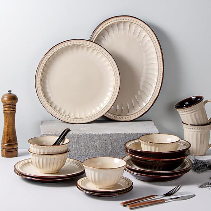 Vintage Ceramic Dinnerware Sets for 4 Farmhouse Style 20-Piece Plates and Mugs Beige Brown Rustic Embossed Stripe Design Dishwasher Microwave Safe