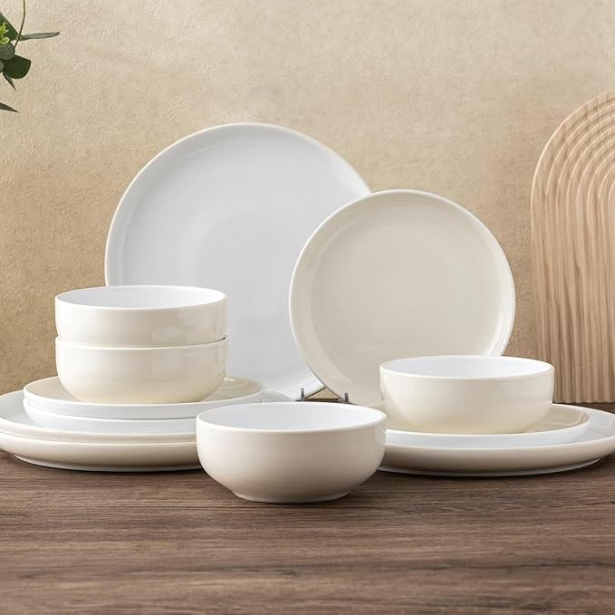 GBHOME 12 Pieces Ceramic Dinnerware Set Modern White Dish Set for 4Scratch Resistant Smooth Plates and Bowls SetsOven SafeMicrowave &amp Dishwasher