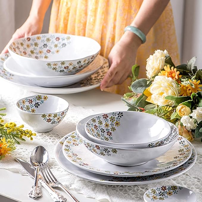 Stylish Dinner PlatesCeramics Dinner Sets 22 Pieces Floral Pattern Porcelain Dinnerware Set | Relief Cereal Bowl and Steak Plate for Wedding Housewarming Gift