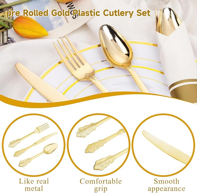 Nervure 400PCS Pre Rolled Gold Plastic Silverware Sets - Heavy Duty Fancy Gold Cutlery - Include 100 Pack Wrapped Disposable Utensils with Napkins for Parties Dinners &amp Weddings
