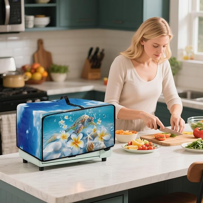 Sea Turtle Print Toaster Oven Air Fryer Cover Plumeria Starfish Print Bread Maker Machine Covers with Side Pockets Kitchen Small Appliance Cover M
