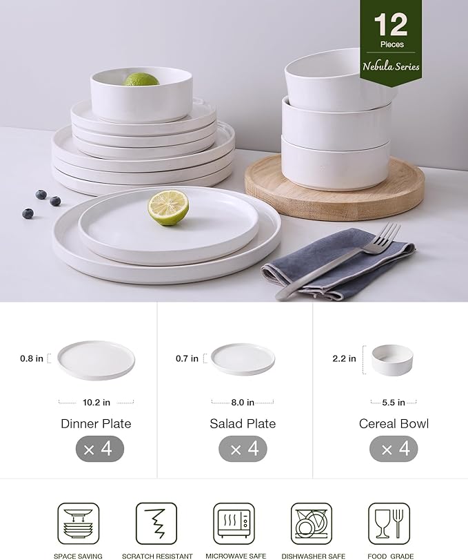 Famiware Nebula Plates and Bowls Set 12 Pieces Dinnerware Sets Dishes Set for 4 White with Colorful Speckles