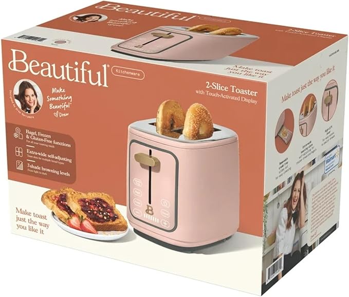 2 Slice Digital Toaster with Touch Control Panel Adjustable Toast Shade Settings Wide Bread Openings Bagel &amp Frozen Modes Removable Crumb Tray (Rose)