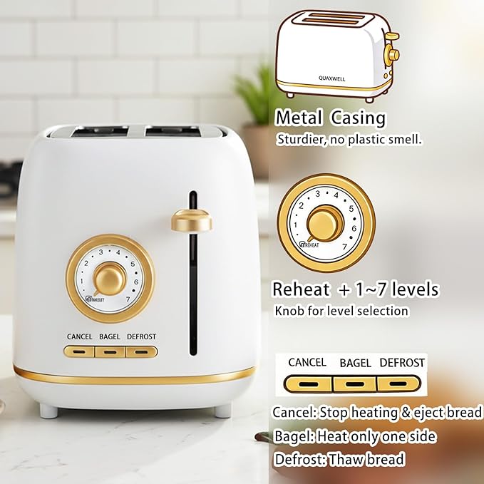 2-Slice Toaster Wide Slots 7 Bread Shade Settings Stainless Steel Bagel Cancel and Defrost Functions Removable Crumb Tray Retro Style ToasterMatte White and Gold
