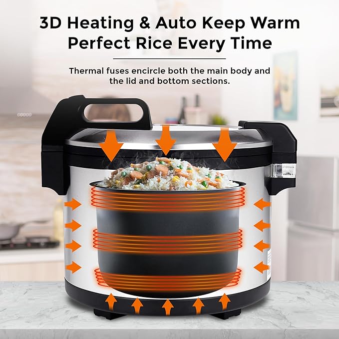 Commercial Stainless Steel Rice Cooker - Professional 64 Cup Cooked (32 Cup Uncooked) Rice Maker Cooker With Non Stick Pot &amp Hinged Lid - Includes a Rice Measuring Cup &amp Rice Scoop