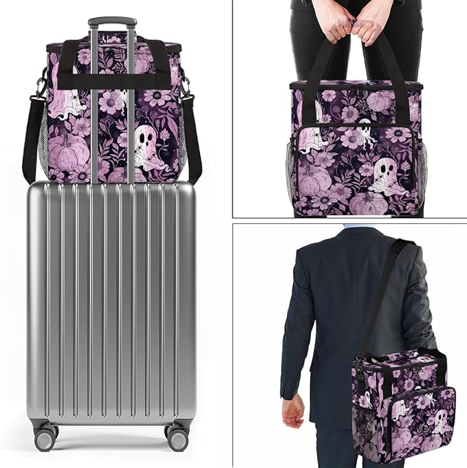 Ghosts Pumpkins Flowers Coffee Maker Carrying Bag Travel Storage Bag Compatible with K-Mini or K-Mini Plus Single Serve Coffee Brewer Carrying Case with Multiple Pockets &amp Shoulder Strap