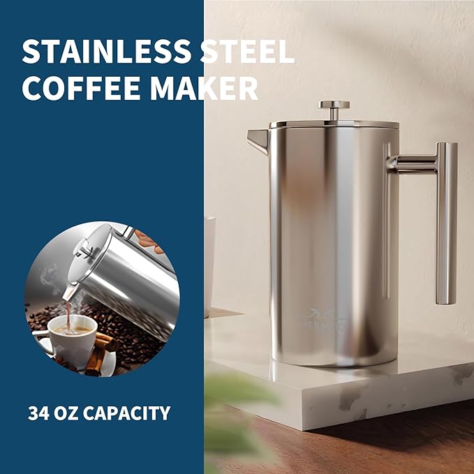 MERMOO YILAN French Press 34oz Insulated Stainless Steel Coffee Maker Unbreakable Coffee Press Easy to Clean for Home Camping Travel (Silver)