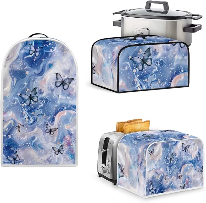 Butterfly Blue Marble 4 Slice Toaster Dust Cover (12.4x10.63x8.27Inch )Slow Cooker and Blender Cover with Top Handle Crock Pot Keep Appliance Clean for Christmas Decor Set
