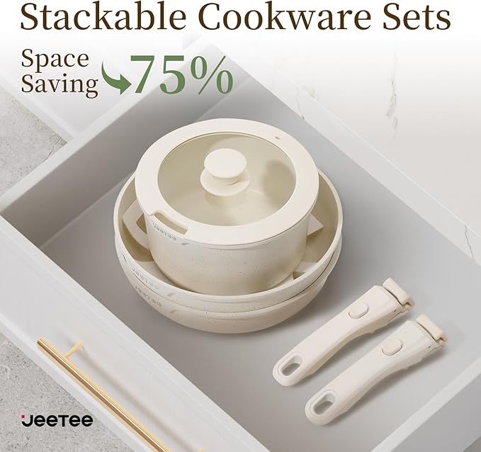 JEETEE Pots and Pans Set Non Stick 17pcs Kitchen Cookware Sets with Detachable Handle Induction Nonstick Cookware Set with Removable Handle Stackable RV Cookware Oven Safe PFAS/PFOA Free Beige