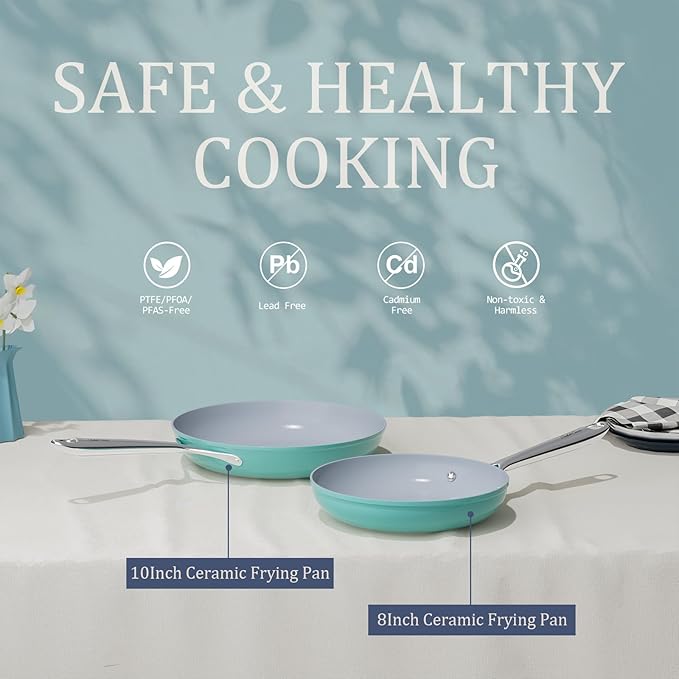 Ceramic Nonstick Cookware Set 8 Fry Pan &amp 4.5qt Dutch Oven PFAS/PTFE/PFOA Free Even Heat Distribution All Cooktops Compatible Oven Safe to 500°F (Caribbean Blue)