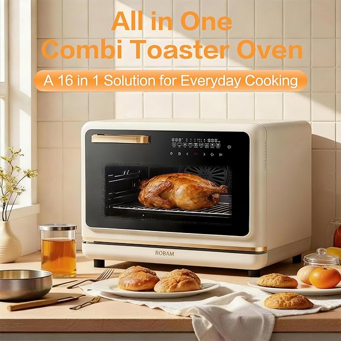 ROBAM Toaster Air Fryer Oven Combo Countertop Convection Cooker with Bake &amp Fry 1.2 Cu.Ft Large Capacity Combi Steam Oven 32 Preset Recipes Smart Touch Precise Temp Control Multi-Stage (White