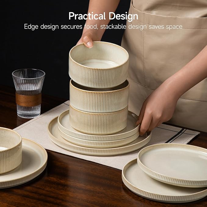 Stoneware Dinnerware Sets Plates and Bowls Sets for 4 12-Piece Ribbed Dishes – Chip &amp Scratch Resistant Microwave and Dishwasher Safe Tableware Beige