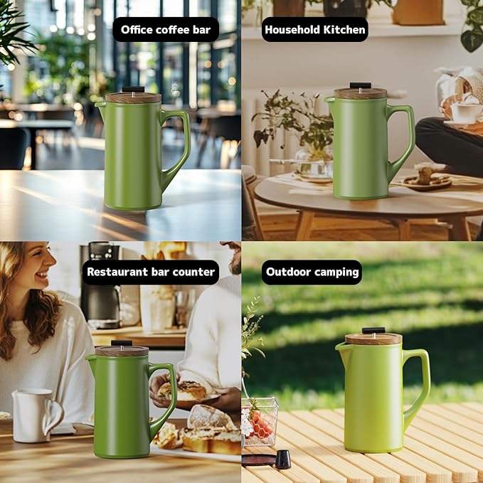 DHPO Ceramic French Press Coffee Maker 22oz Single Serve Coffee Press with Walnut Wood Lid Lead-Free Food Grade Stainless Steel Filter with Dual Screen for Coffee and Loose Tea Green
