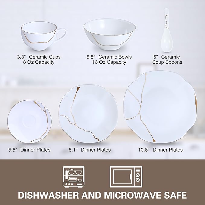 24 Piece White Porcelain Dinnerware set for 4Plates and Bowls Sets With Gold Rim and gold accentsHighly Chip and Crack Resistant | Dishwasher Safe Dishes Set