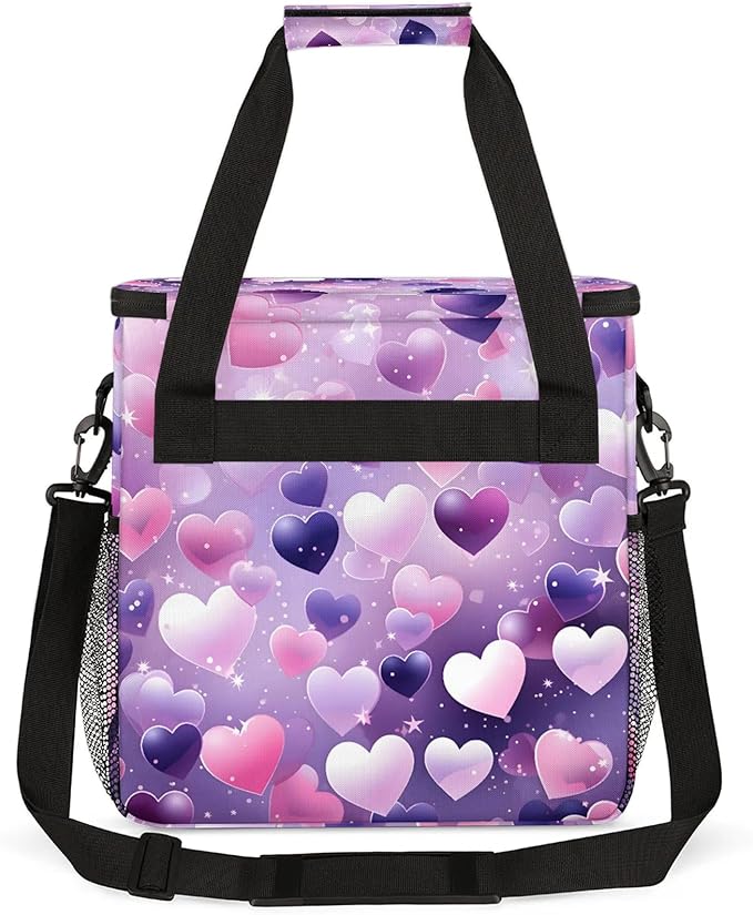 Valentine's Day Pink Purple Heart Coffee Maker Carring Bag Large Insulated Storage Organizer Case Tote Bags with Shoulder Strap for Travel Work Picnic