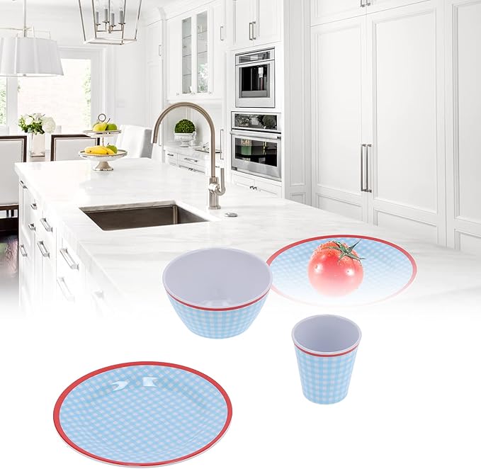 Blue Grid Dinnerware Set 12Pcs Household Tableware Melamine Cup Bowl Plate for Home Restaurant and Imitation Porcelain with Fall Scald