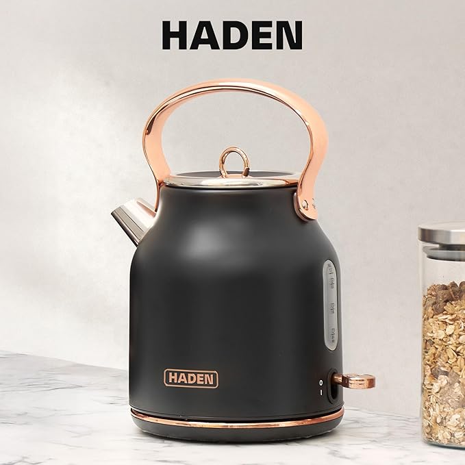 Haden Heritage 4 Slice Wide Slot Stainless Steel Toaster Bundled with 1.7 Liter Stainless Steel Electric Water Kettle Black &amp Copper
