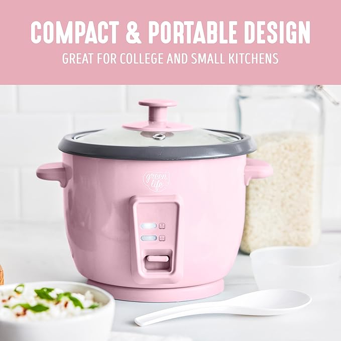 GreenLife Rice Cooker with Removable PFAS-Free Ceramic Nonstick Pot 3-Cups Uncooked/6-Cups Cooked Grains &amp Oatmeal Multicooker Compact One-Switch Design Auto Keep Warm Easy Clean Pink
