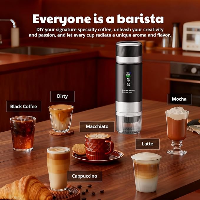 Portable Espresso Maker Travel Coffee Maker for camping Portable Espresso Machine with USB-C 3-in-1 Small Espresso Machine with Ground Coffee &amp Capsules (NS＆DG) for RV Hiking (Obsidian Black)