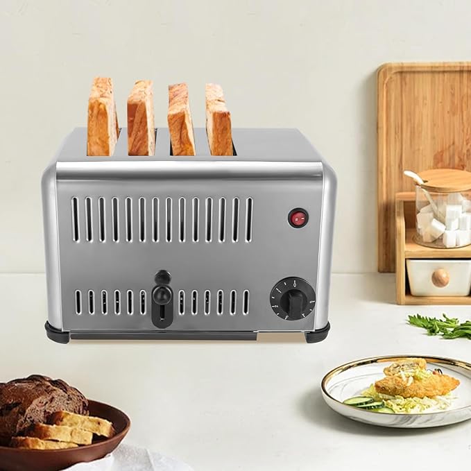 4 Slice Toaster Stainless Steel 1650W Time Adjustable Even Heating and Fast Cooking Bread Sandwiches Meatloaf Silver