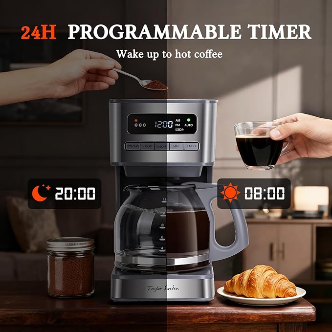 Taylor Swoden Programmable Coffee Makers 12 Cup Hot and Iced Coffee Maker 4 Brew Strength LED Display 24H Timer Keep Warm&ampAuto Shutoff- Drip Coffee Machine for Home/Office Gray &amp Stainle