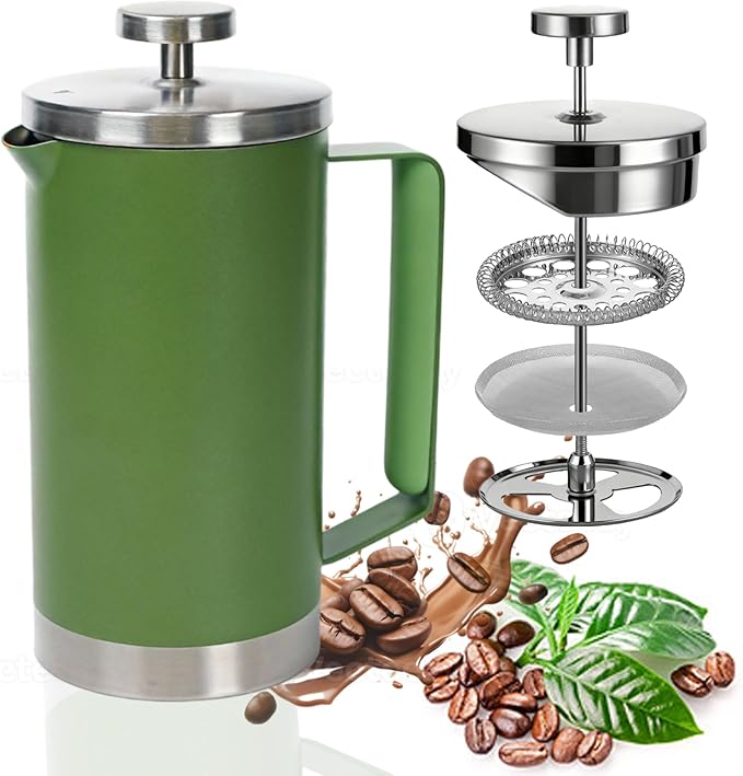 Stainless Steel French Press Coffee Maker 21OZ 600ml Coffee Press Tea Press for Personal Office TravelCamping (Green 1-3 Cups)