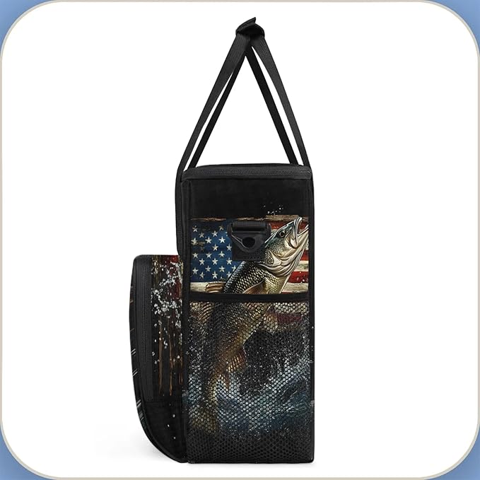 Vintage American Flag Coffee Maker Travel Bag Bass Fish Insulated Grocery Bag Travel Picnic Leakproof Cooler Bags With Shoulder Strap