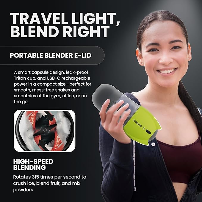 SHAKESPHERE Portable Blender for Shakes and Smoothies – 19oz Electric Personal Blender with Clear Tritan Cup USB-C Rechargeable Compact and Powerful for Travel Gym and Workout – Fluorescent Yellow