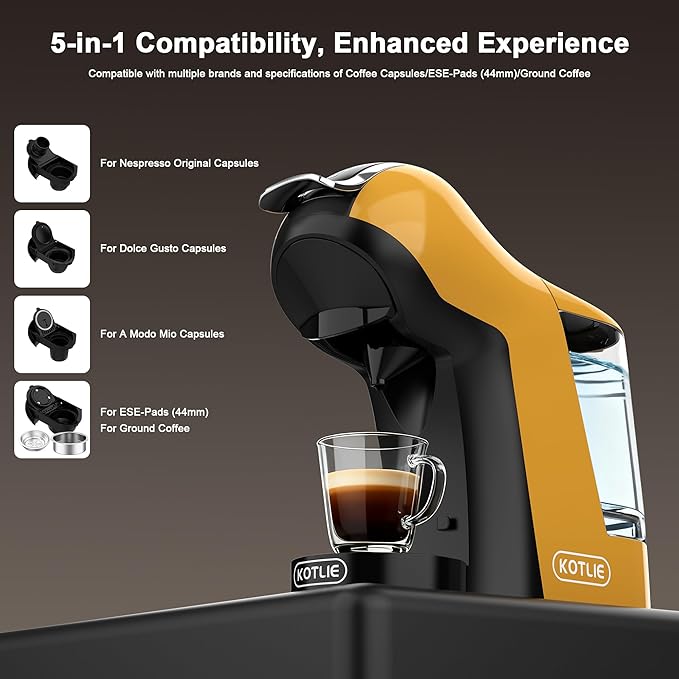 KOTLIE EM-308B Espresso Machine Single Serve Coffee Maker Compatible with Multiple Capsule Types Ground Coffee and ESE Pods 3 Temperatures 7 Water Volume Levels 34 Oz（Yellow）