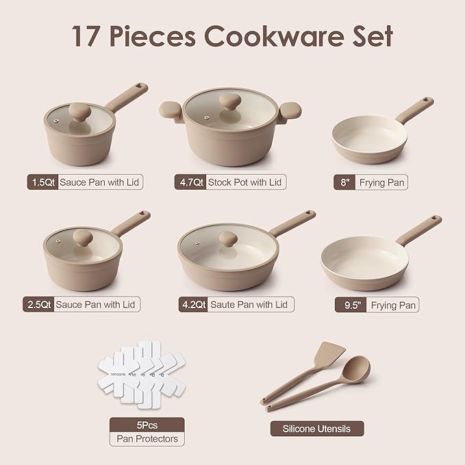 SENSARTE Ceramic Nonstick Pots and Pans Set 17pcs Healthy Induction Cookware Set Nontoxic Kitchen Cooking Set with Skillets &amp Saucepans Stay-cool Handles PFAS PTFE PFOA PFOS FreeTaupe