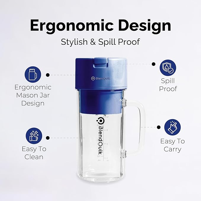Personal Portable Blender For Shakes &amp Smoothies Leakproof &amp Stylish Portable Mason Jar Shaker Rechargeable Mini Blender with 10-Blade Blending System 14oz Dark Blue