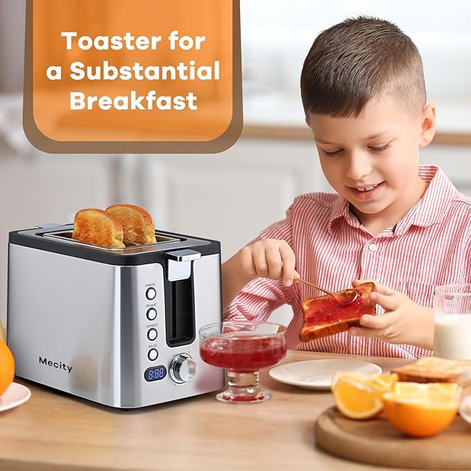 Mecity Toaster 2 Slice Stainless Steel Body Timer Bagel Defrost Reheat Cancel Functions Warming Rack Removable Tray 6 Browning Settings Extra Wide Slots Bread Toaster 800W