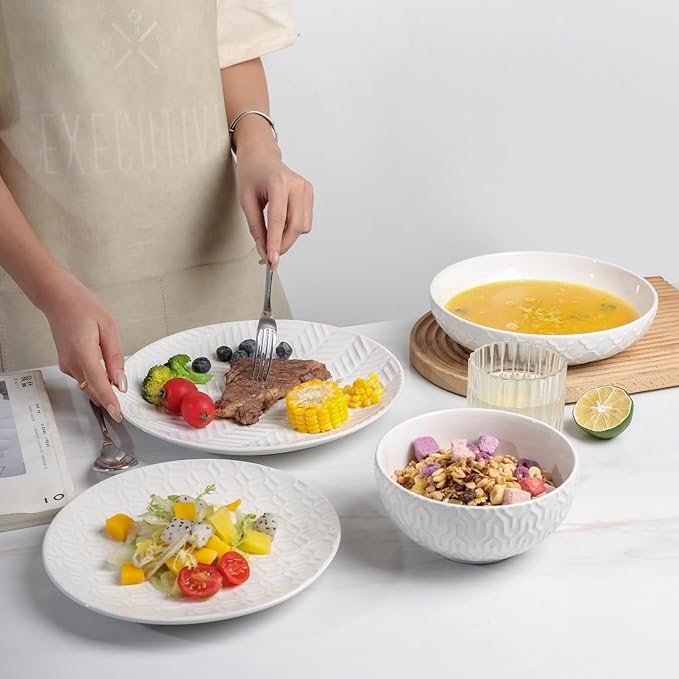 Sureasy Ceramic Plates and Bowls Sets 24 Pieces Dinnerware Sets for 6 Embossed Scratch Resistant Dinner Set Dishwasher and Microwave Safe White