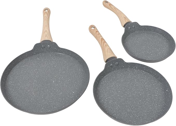 3PCS Maifan Stone Frying Pan Set Grey Anti Stick with Wooden Handle Multifunctional 3 Sizes for All Cooking Needs
