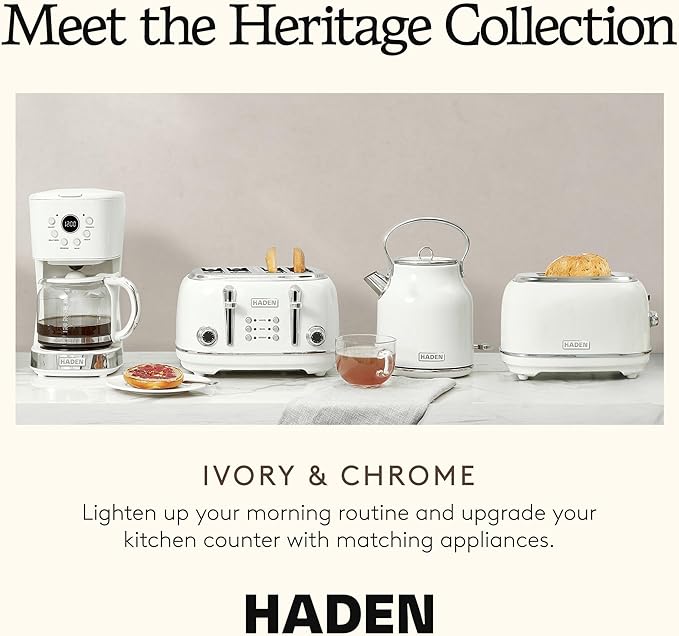 Haden Heritage 2-Slice Wide-Slot Toaster Stainless-Steel Bread Toaster with Adjustable Browning Control Non-Slip Feet &amp Crumb Tray Ivory &amp Chrome